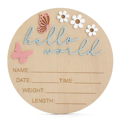 TAHULIK 5.9 Inch Wooden Hello World Baby Announcement Sign, Newborn Welcome Board with Pink Butterfly, Baby Shower Hospital Nursery Photo Props for Boys & Girls