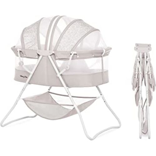 Dream On Me Karley Bassinet in Cool Grey, Lightweight Portable Baby Bassinet, Quick Fold and Easy to Carry , Adjustable Double Canopy, Indoor and Outdoor Bassinet with Large Storage Basket.
