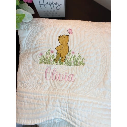 Classic Winnie The Pooh Personalized Embroidered Heirloom Baby Quilt, Nursery Bedding, Flower Butterflies Name Blanket, Shower New Born Gift