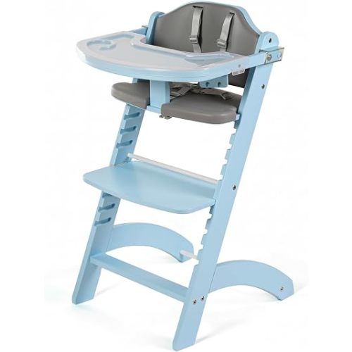 Cowiewie New Upgrade 3-in-1 Convertible Wooden High Chair for Babies & Toddlers 10 Levels Adjustable 3-Tier Remove 2 Waterproof Cozy Cushions Blue