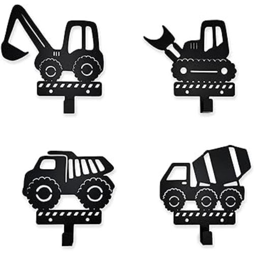 4 Pieces Construction Vehicles Silhouette Shape Metal Wall Hooks Coats Hooks Decorative Hooks for Kids Room Boys Room Nursery Playroom Classroom