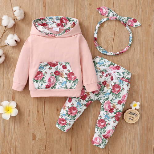 PatPat Baby Clothes for Girls Long-sleeve Floral Hoodie Pants and Headband Set,3-6 Months