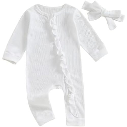 MoZiKQin Newborn Baby Girl Ruffle Romper Knit Sweater Onesie Jumpsuit Long Sleeve Zipper Romper Solid Fall Winter Outfits