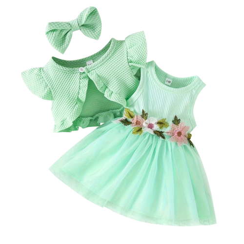 IWEMEK Little Girls Outfits Casual Summer Crewneck Sleeveless Sundress Solid Green Rib Knitted Comfy Party Suits 2025