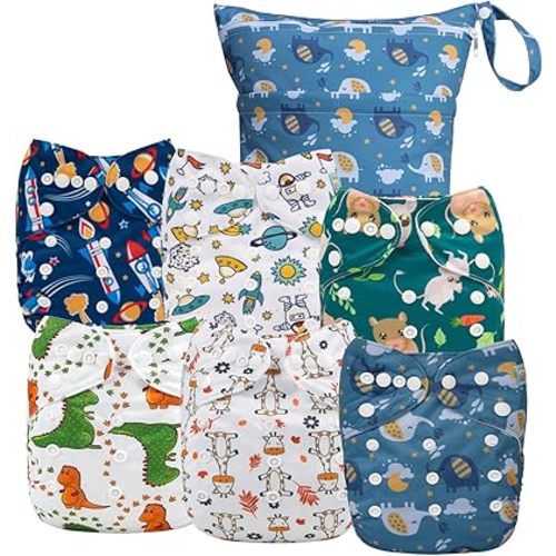 ALVABABY 6pcs Cloth Diaper Covers &1 Wet Dry Bag, Washable Reusable Cloth Diaper Shell for Prefold with Multi-Functional Bag, Flat or Fitted Diaper Inserts 6NKZ06