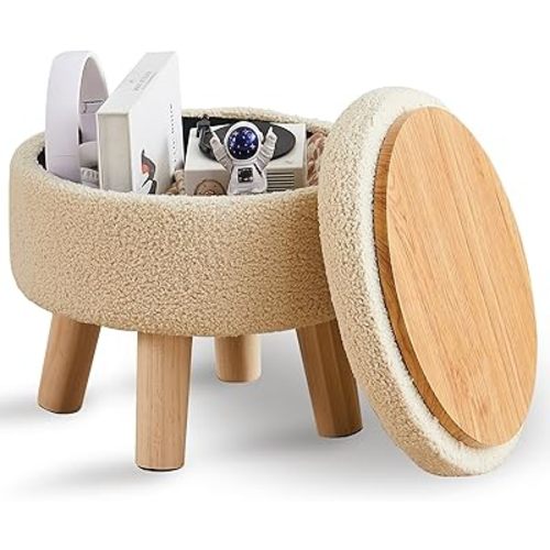 Wimarsbon Storage Ottoman, Modern Round Footrest with Soft Padded Seat, Teddy Velvet Footstool with Wood Legs, Accent Small Table or Plant Stand for Hallway, Living Room (Off-White)