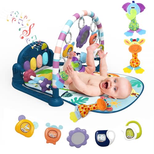 dearlomum Baby Play Mat Baby Gym,Funny Play Piano Tummy Time Baby Activity Gym Mat with 5 Infant Sensory Baby Toys and 2 Baby Soft Rattles, Boy & Girl Gifts for Newborn 0 to 3 6 9 12 Months(Blue)