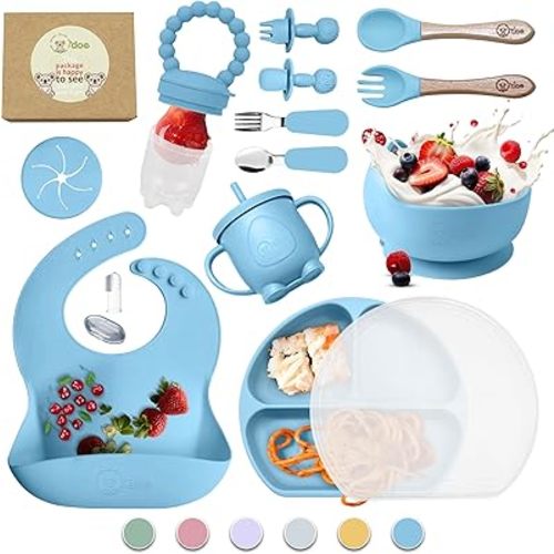 O'doe 17-Piece BPA-Free Silicone Baby Feeding Set | Thick & Soft Suction Plates, Baby Bowls, Wooden Fork & Spoon, and More | Make Mealtime Fun and Easy for Your Little One (Blue, V2)