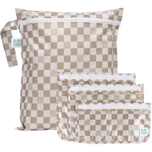 Bumkins - Waterproof Wet Bag & Clear Travel Bags - For Beach, Baby, Travel, Swim Suit, Cloth Diapers, Pump Parts, Pool, Gym, Toiletries - Reusable & Easy to Clean - Beige Check - 4 Pack