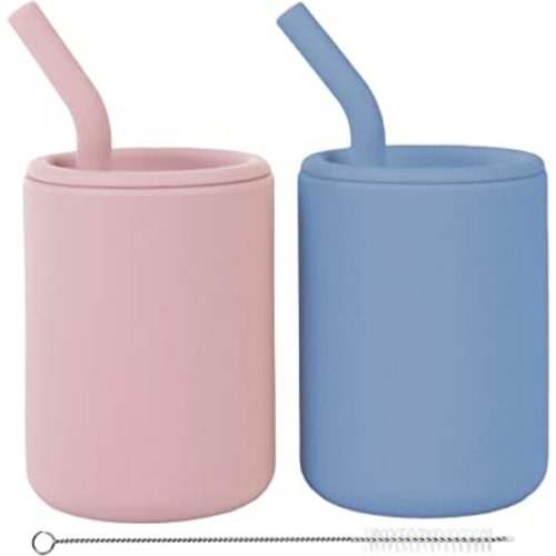 WeeSprout Silicone Baby Cups With Straws and Lids, 4 & 8 oz Options, Set of 2, Food Grade Toddler Training Container, Built In Straw Stoppers, Measurement Markings, Dishwasher Safe + Straw Cleaner