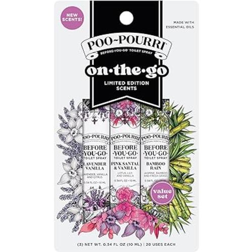 Poo-Pourri Before-You-Go Toilet Spray, Spring On-The-Go, Travel Size Variety 10 mL – Lavender Vanilla, Vanilla Petals & Santal, and Bamboo Rain