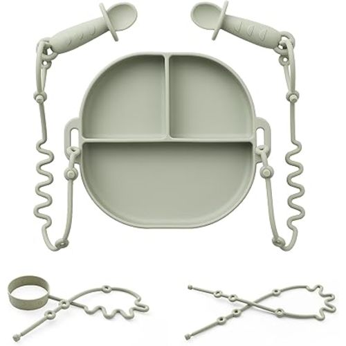 Andy Bear Silicone Plates for Babies with Suction Divided Baby Spoons Silicone Baby Toy Straps All-in-one Plates Silicone Placemat for Babies Toddlers Attachable Tethers & Built-in Suction Cups-Sage