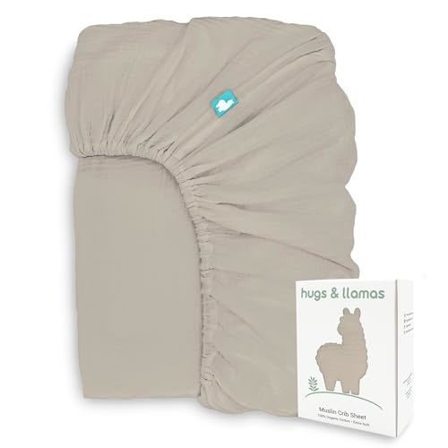 Hugs & Llamas | 100% Organic Cotton Muslin Fitted Sheet | Baby Crib Sheets for Boys & Girls - Neutral (Toasted Almond)