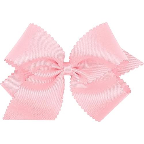 Wee Ones Girls' Classic Grosgrain Hair Bow with Scalloped Edges and Plain Wrap Center on a WeeStay Hair Clip, King, Light Pink