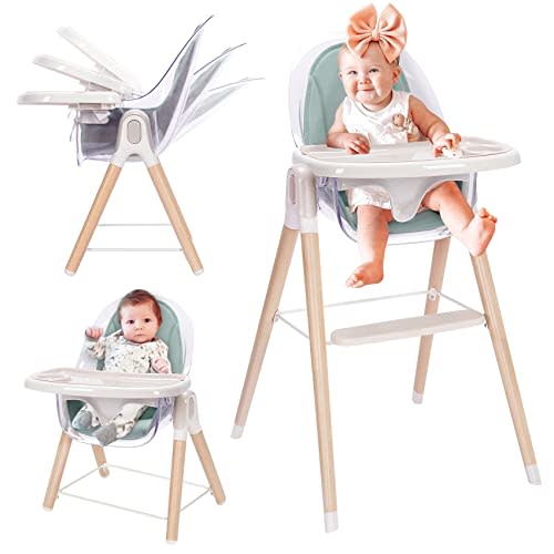 Baby High Chair, 6-in-1 Convertible Wooden High Chair, Recline Chair with Adjustable Hardwood Leg, High Chairs for Babies and Toddlers, Double Dishwasher Safe Tray & Premium Leatherette