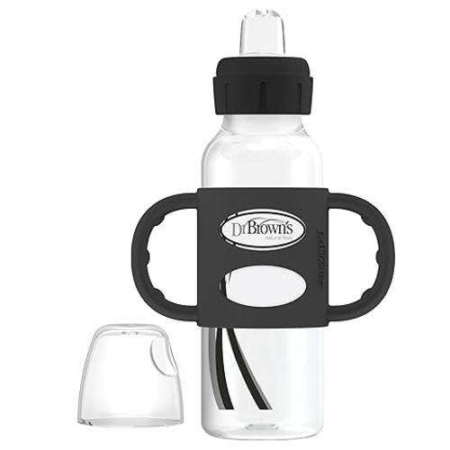 Dr. Brown's Milestones Narrow Sippy Spout Bottle with 100% Silicone, Easy-Grip Handles and Soft Sippy Spout, 8oz/250mL, Light Pink and Ecru, 2-Pack, 6m+