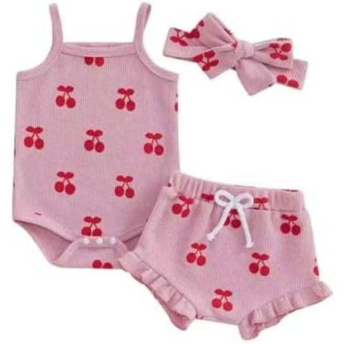 Infant Baby Girl Summer Outfit Sleeveless Cherry Print Waffle Romper Elastic Shorts Headband 3pcs Newborn Clothes