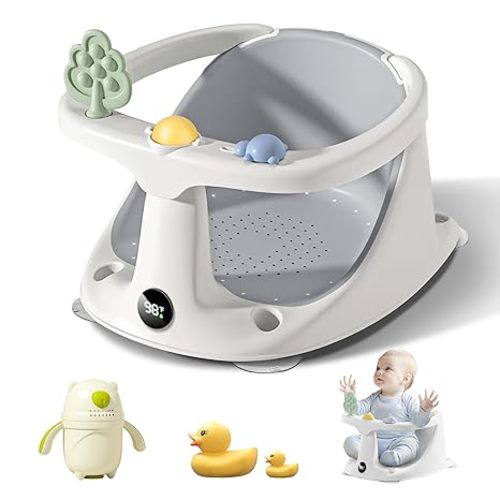 Baby Bath Seat for Baby 6-18 Months, Non-Slip Toddler Bath Seat for Baby Sitting Up, Safe Baby Bath tub Seat with Suction Cups, Soft Cushion, 5 Baby Bath Toys, Gray