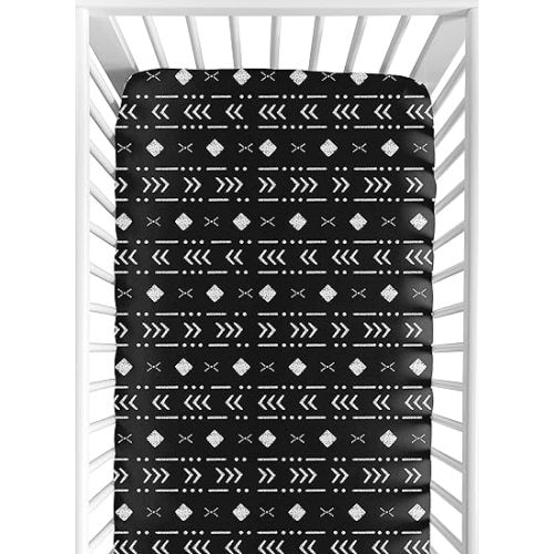 Sweet Jojo Designs Black and White Boho Mudcloth Boy Girl Fitted Crib Sheet Baby or Toddler Bed Nursery - White Black Woodland Bohemian Tribal Southwest Geometric Arrow Gender Neutral Aztec Mud Cloth