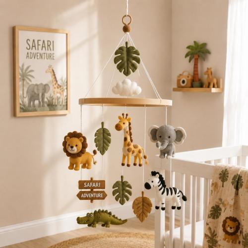 Safari Adventure Baby Mobile, Felt Lion, Giraffe, Elephant, Zebra - Handmade Nursery Decor, Nursery Mobile For Baby, Baby Crib Mobile