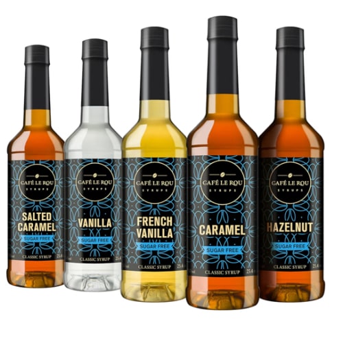 Café Le Rou Coffee Syrup Sugar Free Variety 25.4oz Vanilla, French Vanilla, Caramel, Salted Caramel, Hazelnut - (Sugar Free Variety, 5-Pack) Flavoring Syrup for Coffee, Tea & Espresso Made in the USA