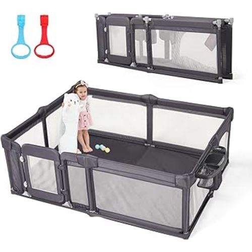 Baby Playpen,79"x59" Foldable Baby Playpen for Babies and Toddlers with Gate,Large Baby Play Pens with Zipper Door,Baby Play Yards Play Area (Deep Grey)
