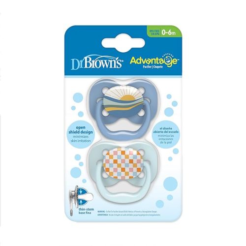 Dr. Brown's Advantage Baby Pacifier, Fully Symmetrical Soother with Soft Silicone Bulb, Blue Sunrise, 0-6m, BPA Free, 2 Pack