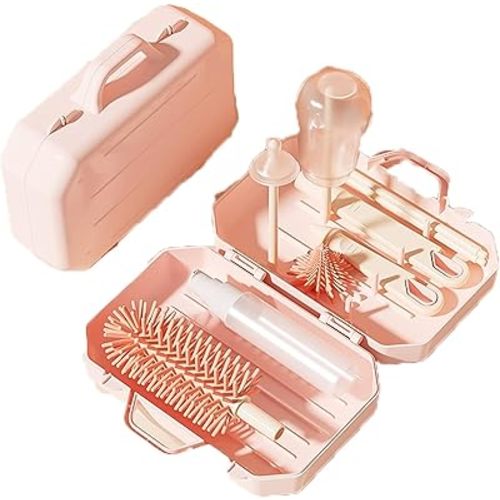 PandaEar Portable Bottle Brush Set with Case, Baby Travel Essential-6 in 1 Bottle Cleaning Tool, Bottle Cleaner Kit with Silicone Brush, Nipple Brush, Straw Brush, Bottle Dispenser, Pink