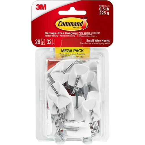 Command Small Wire Toggle Hooks, Damage Free Hanging Wall Hooks with Adhesive Strips, No Tools Wall Hooks for Hanging Organizational Items in Living Spaces, 28 White Hooks and 32 Command Strips