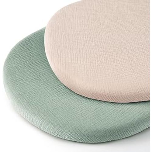 Muslin Bassinet Sheets for Baby Neutral, Soft Breathable Cotton Fitted Sheets for Oval, Rectangle, Hourglass Bassinet Mattress/Pad - 2 Pack (Ivory& Green)