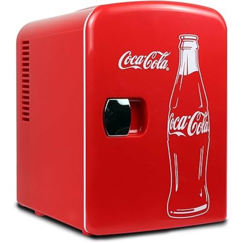 Coca-Cola Classic Coke Bottle 4L Mini Fridge w/ 12V DC and 110V AC Cords, 6 Can Portable Cooler, Personal Travel Refrigerator for Snacks Lunch Drinks Cosmetics, Desk Home Office Dorm, Red