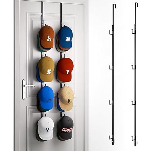 HapiRm Over Door Hat Rack - 2 Packs Hat Organizer with 8 Hooks Design, Hanging Baseball Cap Organizer Storage Holds Up to 40 Caps for Door, Bedroom, Closet (Black)