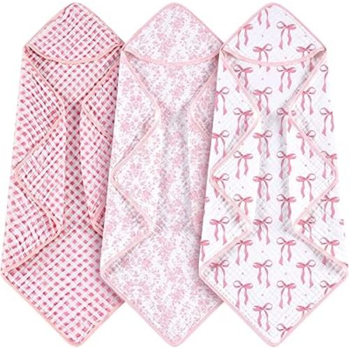 Hahafelt 3 Pcs Pink Bow Baby Hooded Towels for Newborn 100% Muslin Cotton Baby Bath Towel with Hood for Babies Infant Toddler and Kids Large 32x32inch Soft Absorbent Kids Essential Gift