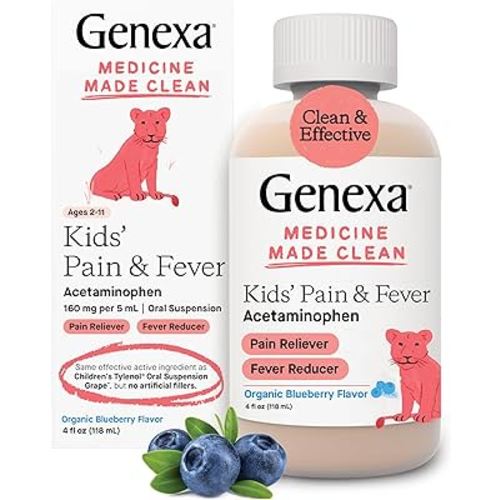 Genexa Kids’ Pain and Fever Reducer | Childrens Acetaminophen, Dye Free, Liquid Oral Suspension Medicine | Delicious Organic Blueberry Flavor | 160 mg per 5mL | 4 Fluid Ounces