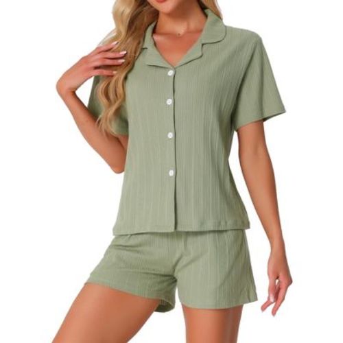 INSPIRE CHIC Women's Cotton Button Down Notch Collar Short Sleeve Pajamas Set with Pockets Medium Green