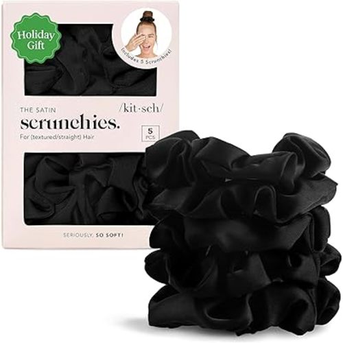 Kitsch Satin Scrunchies for Women – No Crease Hair Ties – Soft Satin Hair Scrunchies for Girls – Frizz Free, Gentle, Stylish Hair Accessories | Ideal Gifts for Women – Black, 5 pcs