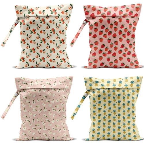 4 Pack Cute Fruit Wet Bag Waterproof Washable Reusable Wet Dry Bag for Swimsuit Clothes Cloth Diaper Travel Beach Pool Yoga Gym Toiletries Travel Beach Essentials Strawberry Pineapples