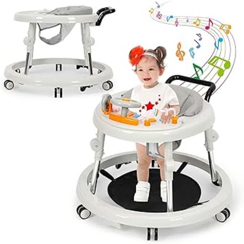 Music and Lights Baby Walker Foldable with 9 Adjustable Heights, Baby Walker with Wheels Portable, Baby Walkers and Activity Center for Boys Girls Babies 7-18 Months
