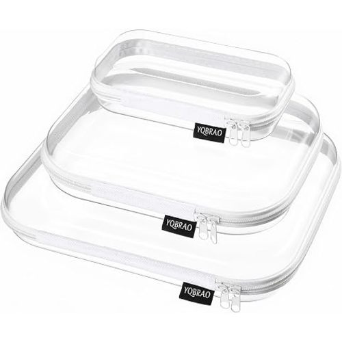 YQBRAO 3-Piece Clear Hard Shell Zipper Case Set, 1L 1M 1S, White