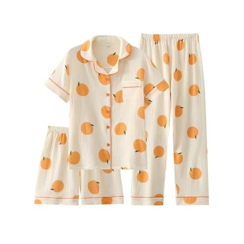 codcm Womens 3pcs Cotton Pajamas Set Short Sleeve Sleepwear Fruit Print Cute Pj Set with Long Pants