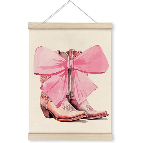 HRQKO Pink Cowgirl Bow Poster Hanger Frame, Cowgirl Room Decor, Bow Room Decor, Preppy Western Wall Art with Wooden Frames, Pink Cowboy Boot Wall Hanging Banner for Teen Girls Room Dorm, 12x16 Inch