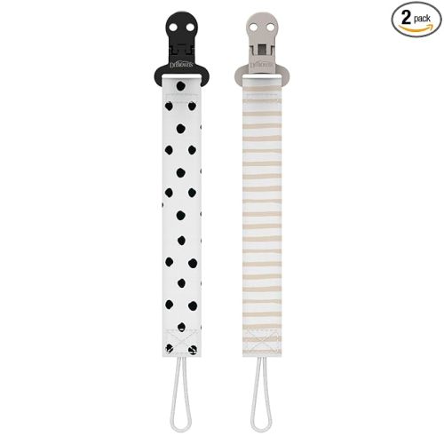 Dr. Brown's Pacifier Clips, Universal Fit Fabric Strap for Pacifiers, Dots and Stripes, BPA-Free, 0-18 Months, 2-Pack