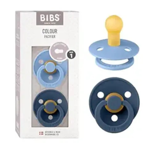 BIBS Pacifiers Colour Collection | Natural Rubber Baby Pacifier | Set of 2 BPA-Free Soothers | Made in Denmark | 0+ Months (Pack of 2) | Sky Blue/Steel Blue