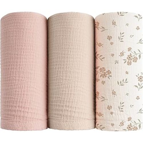 Konssy Muslin Swaddle Blankets for Baby Girls Boys 3 Pack, Receiving Blanket Large 47 x 47 inches, Soft Breathable Muslin Baby Blanket for Unisex Newborn (Blossom)
