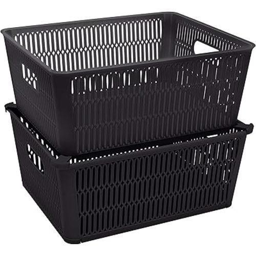 Simplify 2Pk Large Slide 2 Stack It Tote Basket | Storage & Organization | Open Bins with Stackable Capability | Bathroom | Crafts | Pantry | Playroom | Office | Black