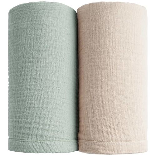Konssy Muslin Swaddle Blankets for Boys Girls, 2 Pack Receiving Baby Blanket Large 47 x 47 inches, Soft Breathable Swaddling Wrap for Unisex Newborn (Green, Cream)