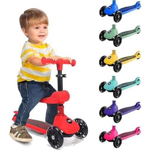 SereneLife 3-Wheel Foldable Kids Scooter WITH SEAT – LED Wheel Lights, Adjustable Handlebar, Rear Foot Brake, Lean-to-Steer, Anti-Slip Deck – Ideal for Toddlers & Kids 3+, up to 110 lbs