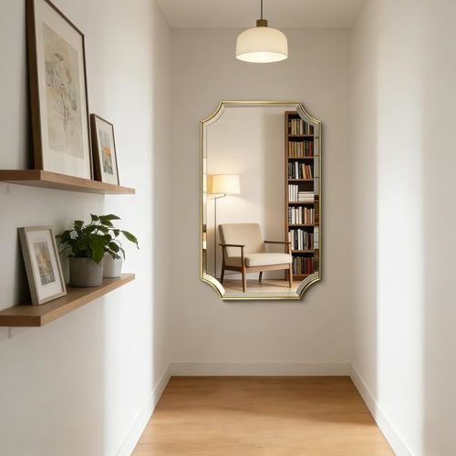 POZINO Scalloped Beveled Mirror, 24"x40" Brushed Gold Bathroom Vanity Mirrors for Over Sink, Modern Wavy Rectangle Wall Mirror for Living Room Bedroom Entryway, Horizontal or Vertical Hanging