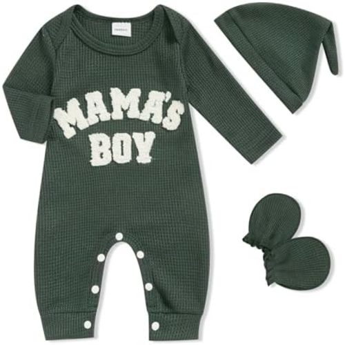 GRNSHTS Newborn Baby Boy Romper Coming Home Outfits Letter Print Bodysuit Jumpsuit+Hat+Gloves 3PCS Clothes Set
