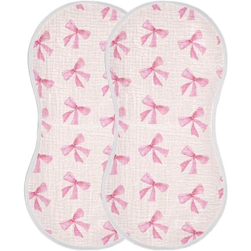 Burbuja Pink Bow Muslin Baby Burp Cloths, Soft & Absorbent Cotton Burping Rags for Newborn Boys & Girls, 2 Pack